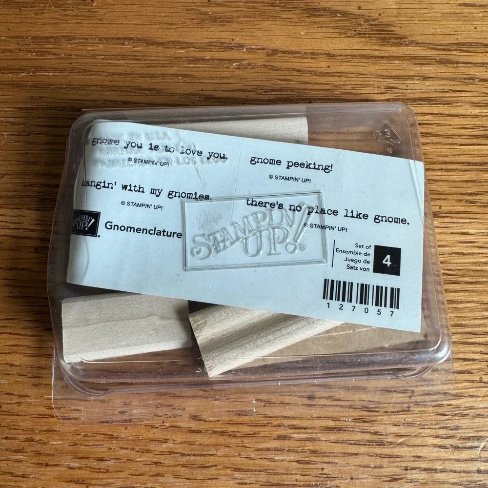 Stampin Up Gnomenclature Wood Mount‎ Rubber Stamp Set 127057 Gnome Puns 4pc Set